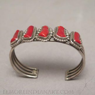 Navajo 5 Stone Coral and Silver Bracelet