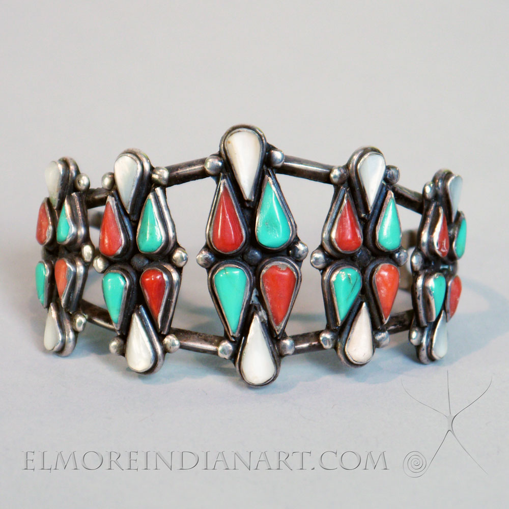 Unusual Zuni inlay Bracelet of coral, turquoise and shell, c. 1930-40 Image 4