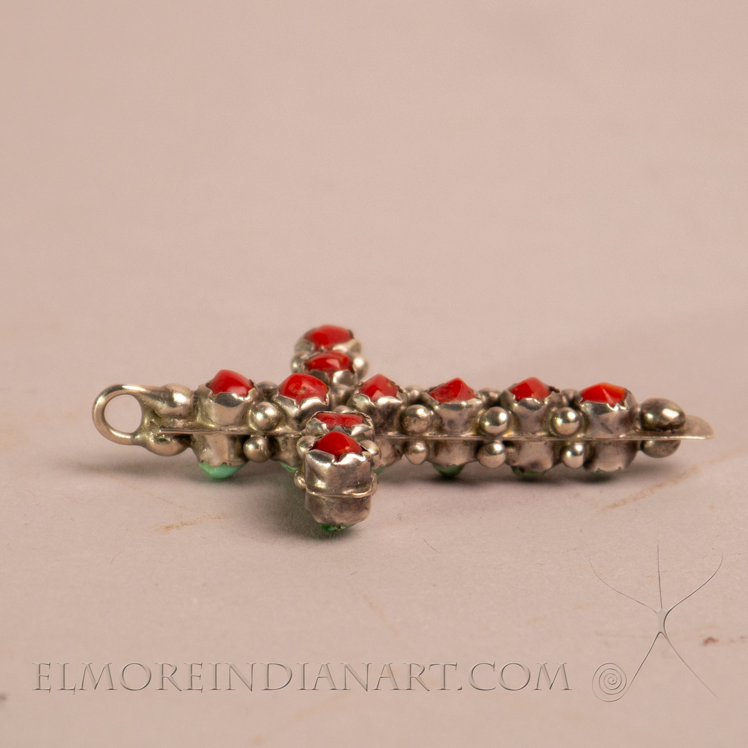 Double Coral and Turquoise Zuni Cross Pendant, c. 1960 - Image 3