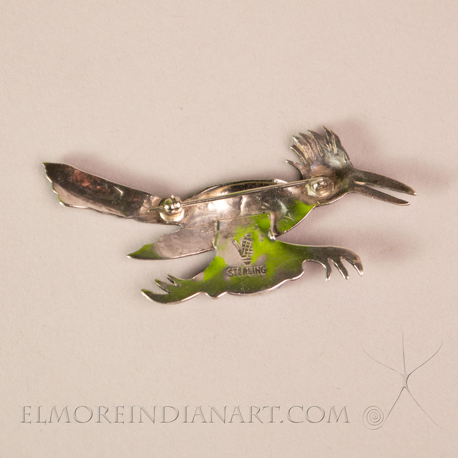 Hopi Roadrunner Turquoise Pin by Allen Pooyouma, c. 1950 - Image 4