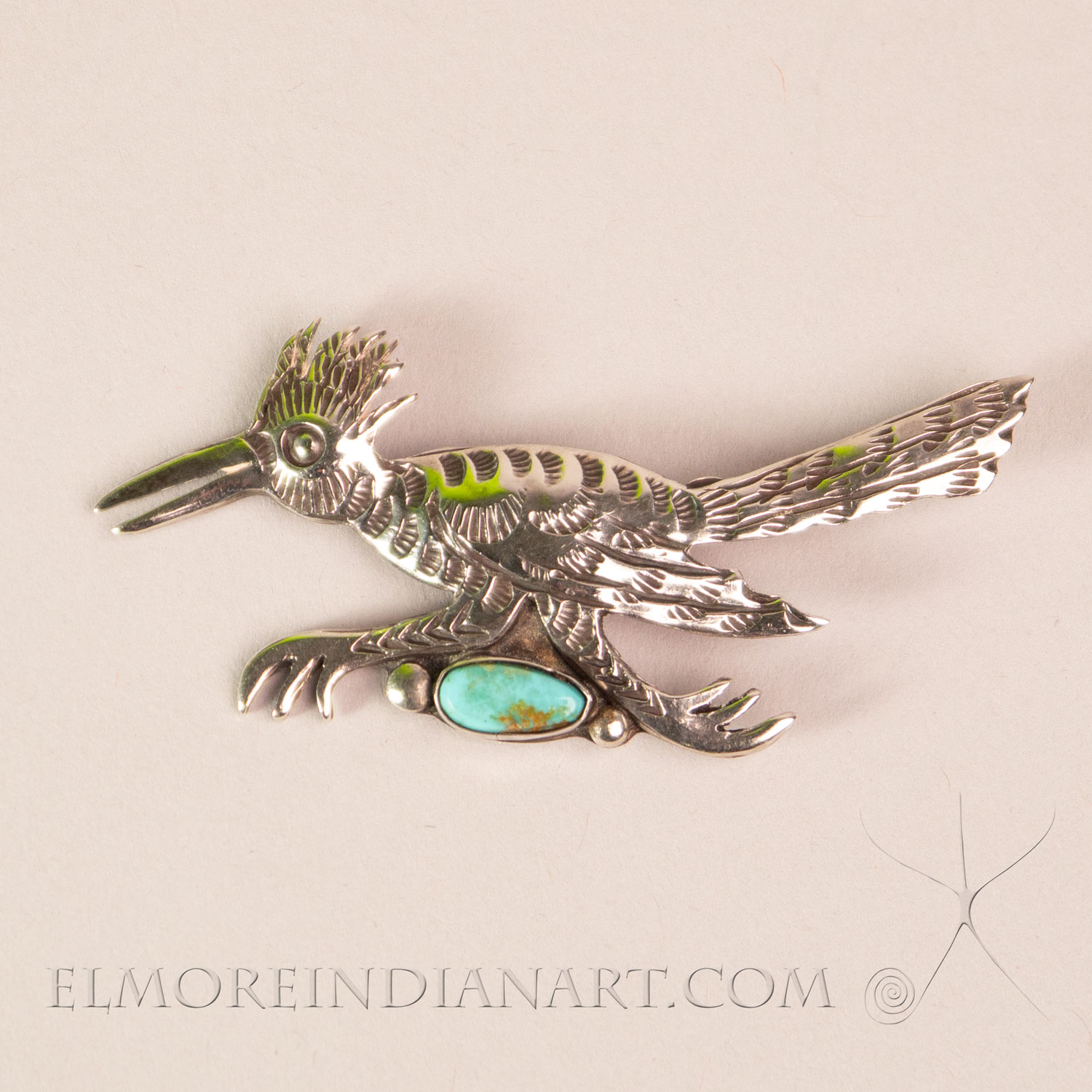 Hopi Roadrunner Turquoise Pin by Allen Pooyouma, c. 1950