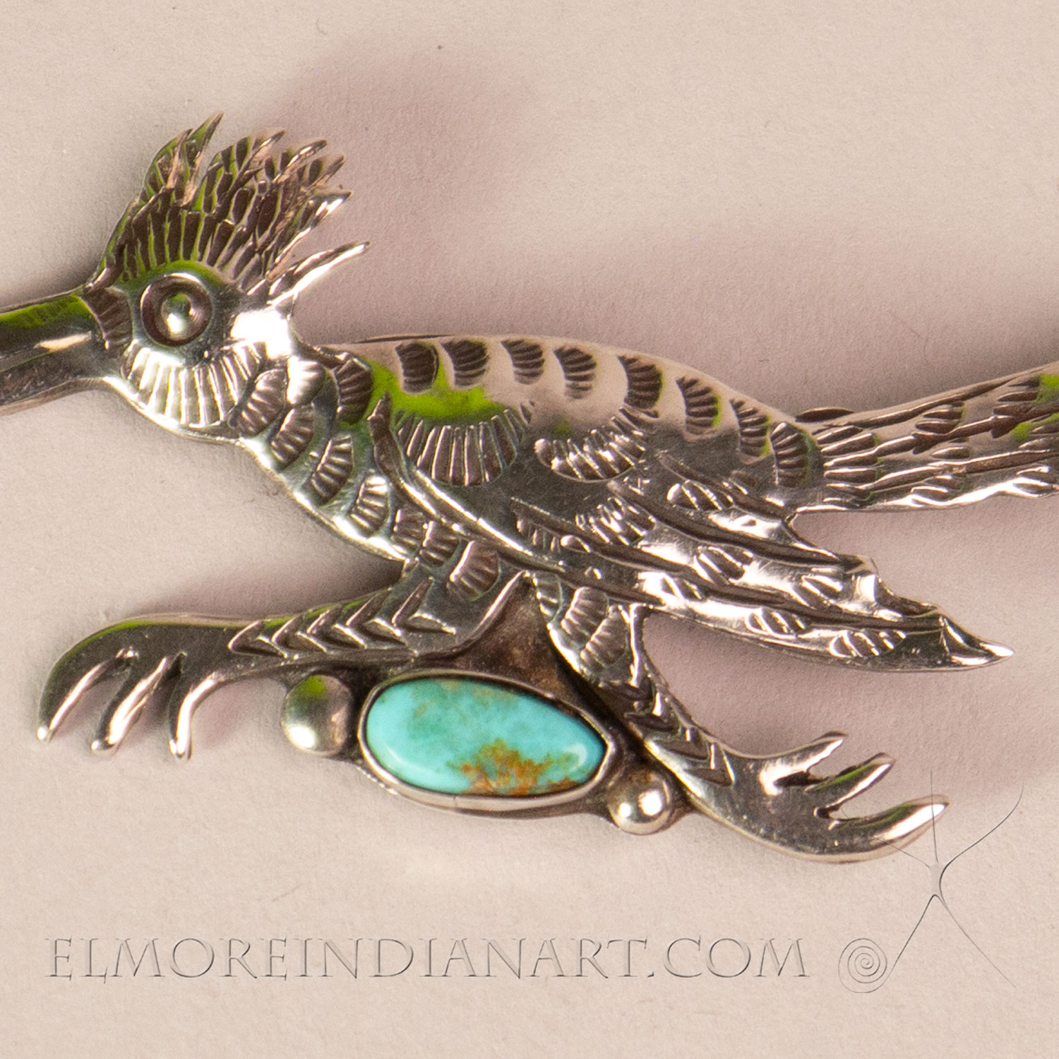 Hopi Roadrunner Turquoise Pin by Allen Pooyouma, c. 1950 - Image 3