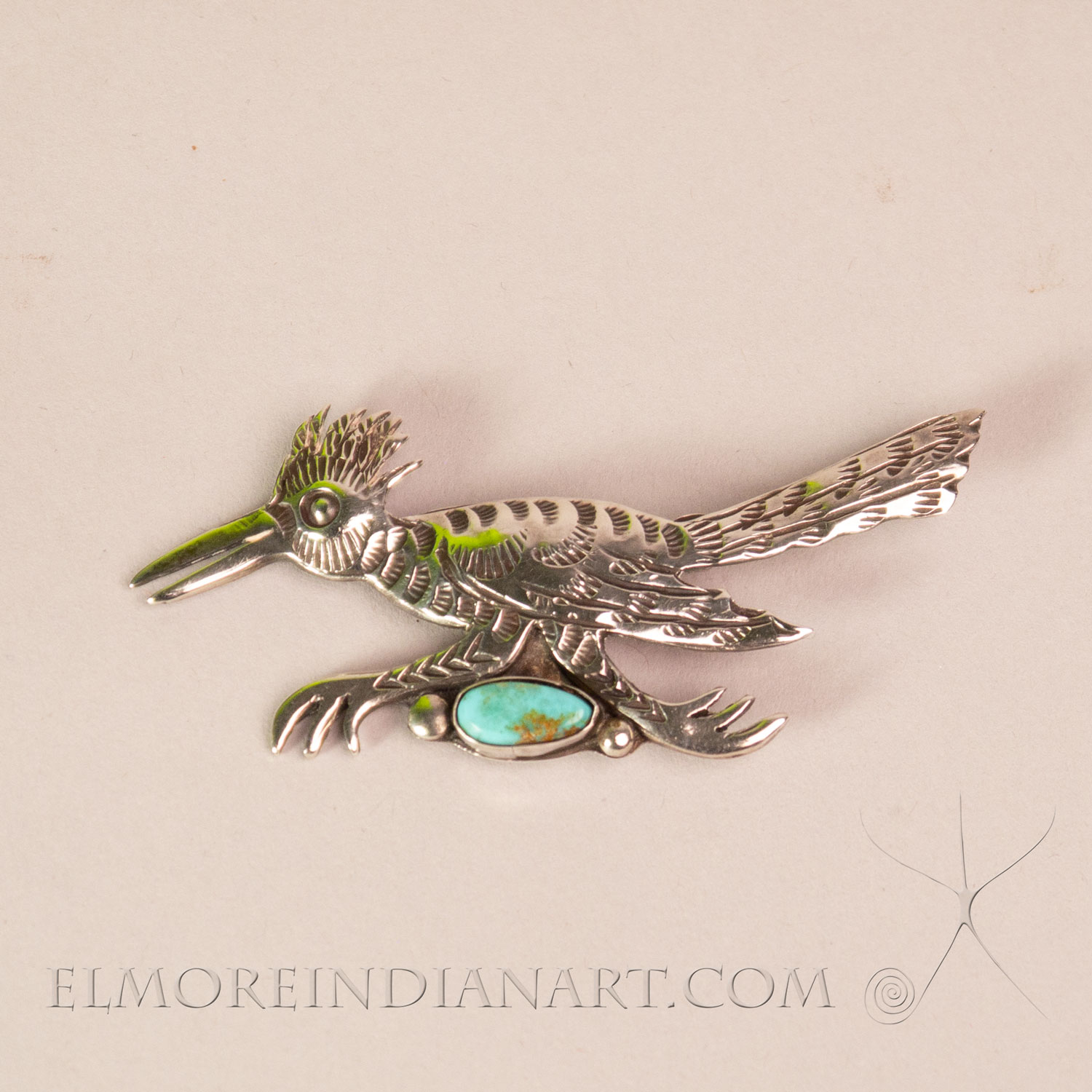Hopi Roadrunner Turquoise Pin by Allen Pooyouma, c. 1950 - Image 2