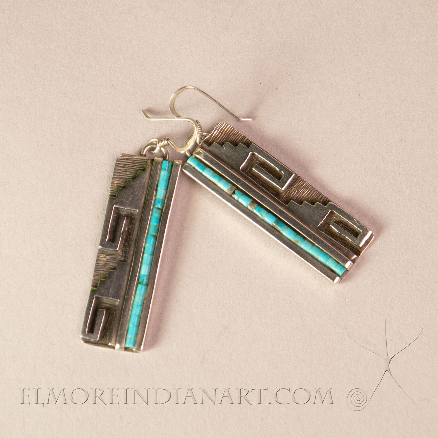 Hopi Turquoise Earrings w/ Fret Spirals, signed, 1970’s - Image 2