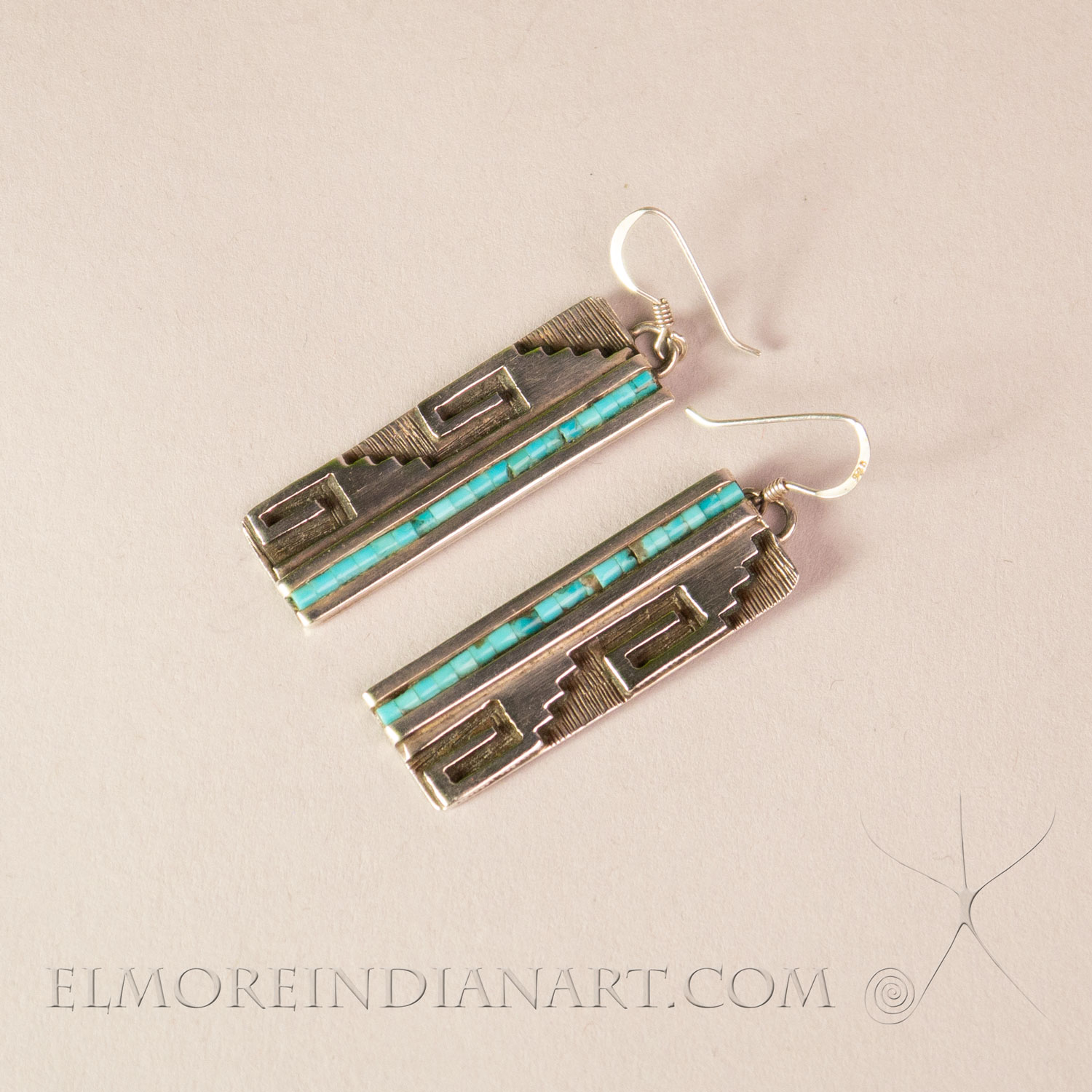 Hopi Turquoise Earrings w/ Fret Spirals, signed, 1970’s - Image 4