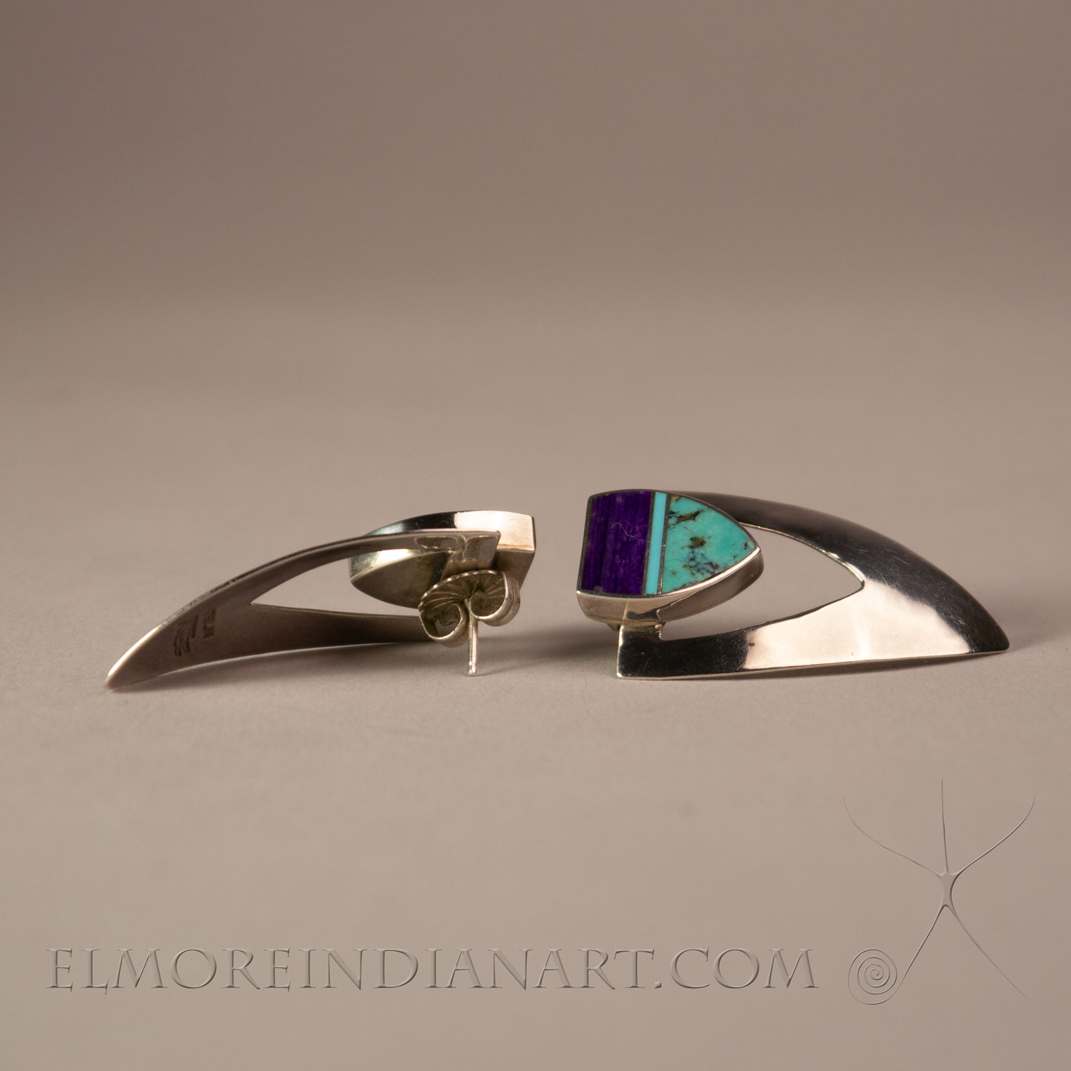 Silver Turquoise and Sugilite Shield Earrings by Ray Tracey w/ Provenance - Image 4